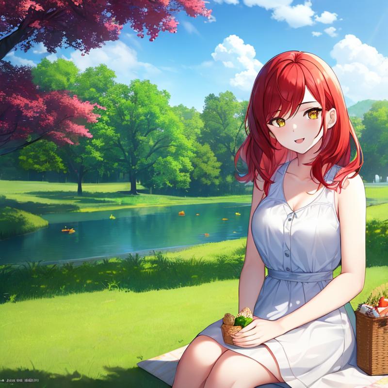 00136-2299588986-1Girl, mature, American, redhead, medium hair, yellow eyes, sitting on a picnic blanket near a lake, elegant summer dress, happy.png